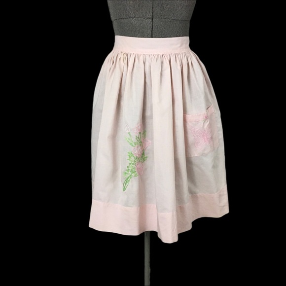 Vintage Accessories - Vintage Shabby Chic Half Apron Pink Embroidered Butterfly Pocket Floral Hostess